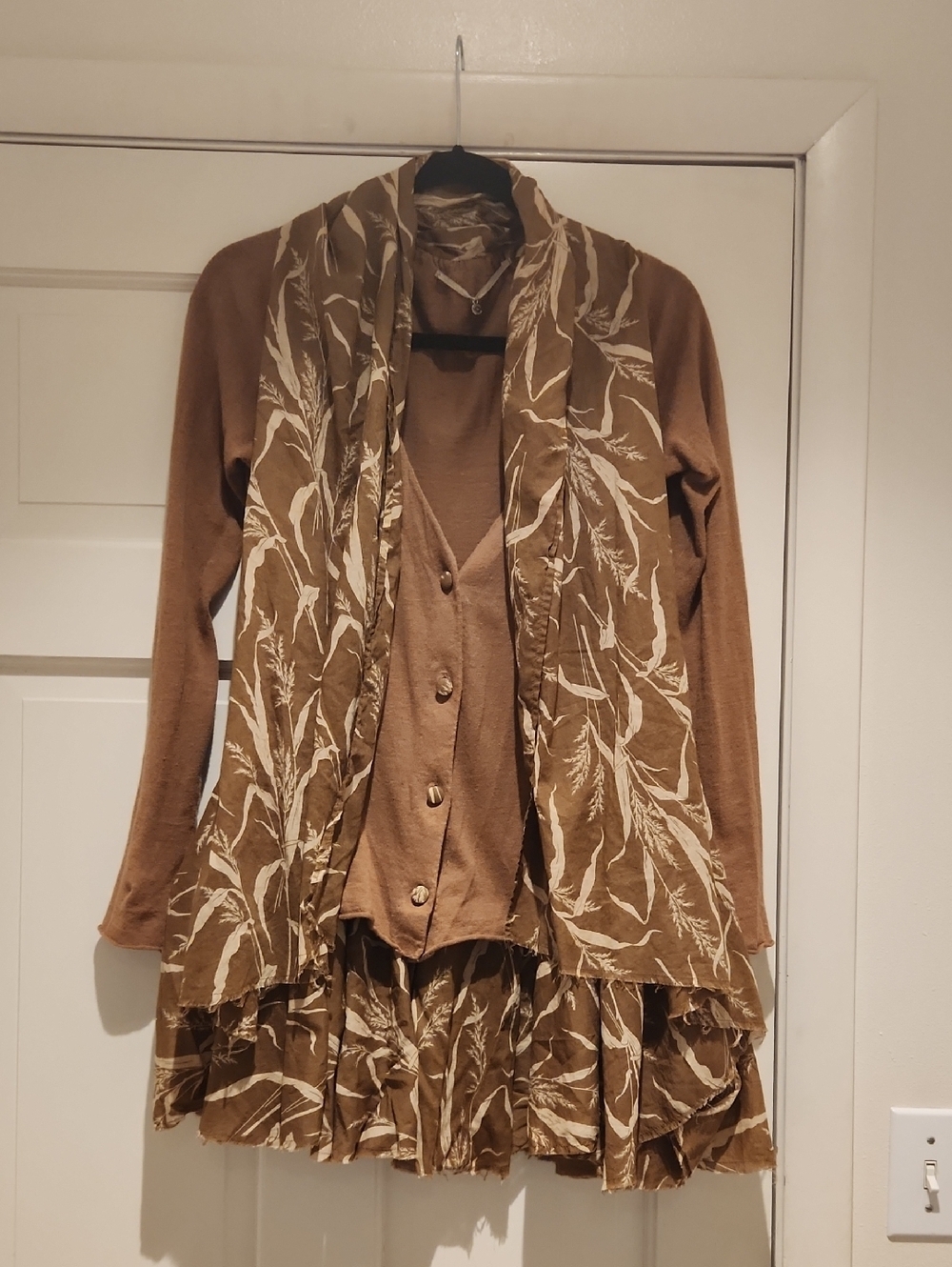 Anthropologie Knitted & Knotted Brown Layered Cardigan with Frayed Edging